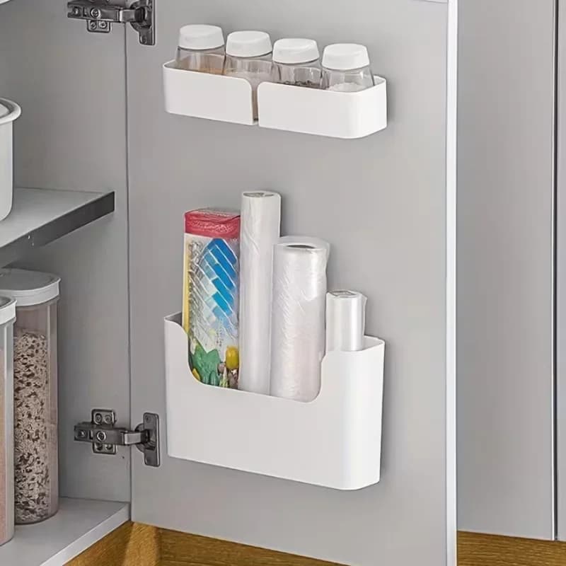 Nástěnný organizér do skříňky s dvířky, úložný box navržený pro háčky do skříně na potravinářskou fólii, úložné sáčky a koupelnové nezbytnosti