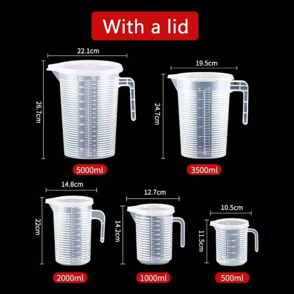 100-5000ml kuchyňská odměrka z potravinářského plastu bez víka, s víkem a stupnicí, PC, odolná vysokým teplotám, plastová odměrná nádoba do mléčných a čajových provozoven