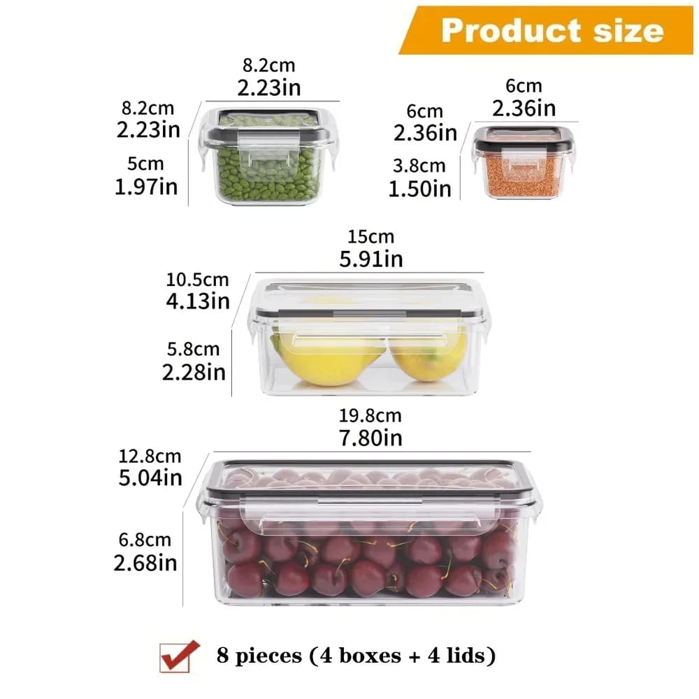 8dílná BPA-free vzduchotěsná sada nádob na potraviny s uzamykatelnými víčky - PP plastové úložné nádoby vhodné do mikrovlnné trouby/mrazničky na suché potraviny/ovoce/zeleninu