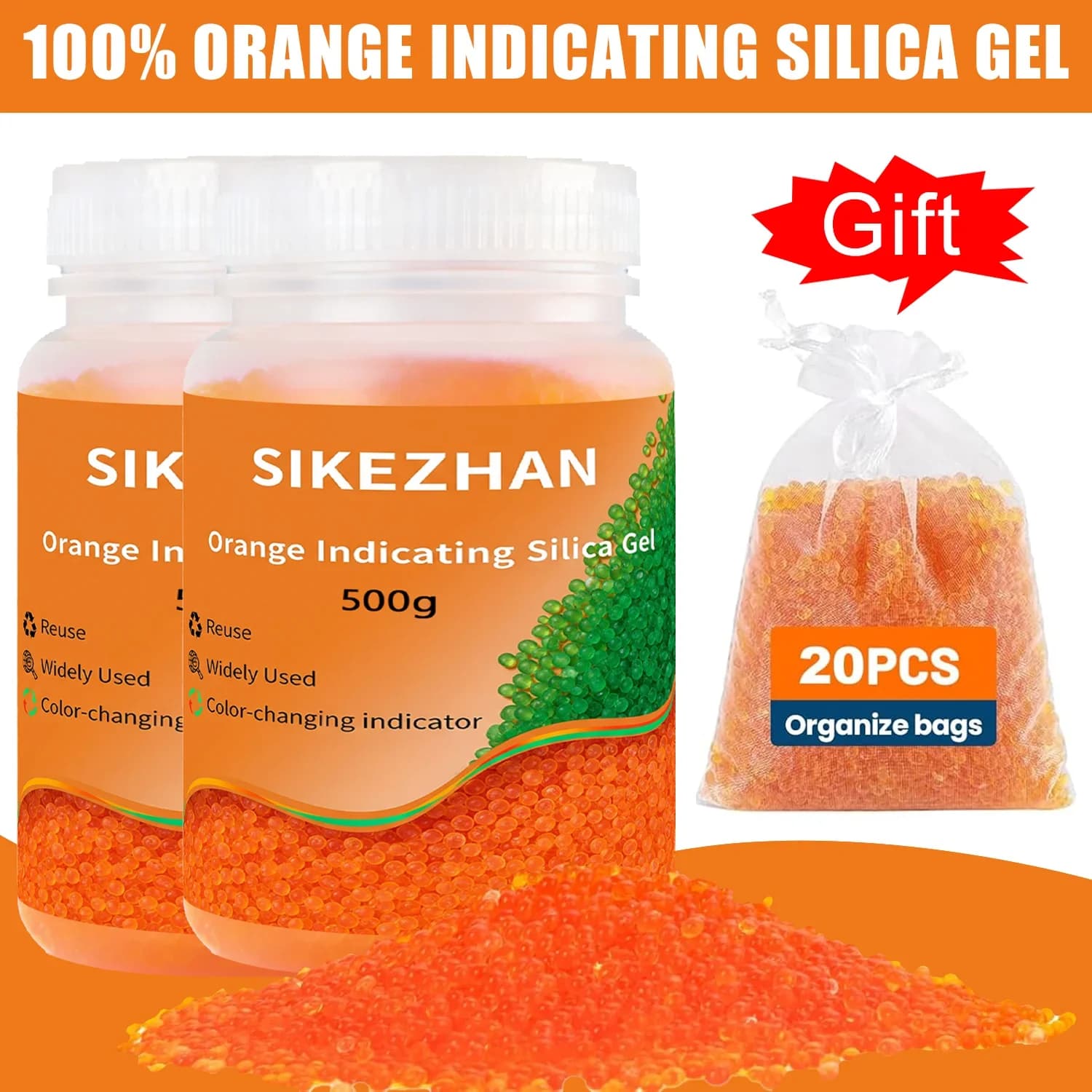 Indikační vysoušecí gel ze silikagelu 1000 g, modrý/oranžový, opakovaně použitelný pohlcovač vlhkosti, s 20 malými sáčky pro úložné nádoby