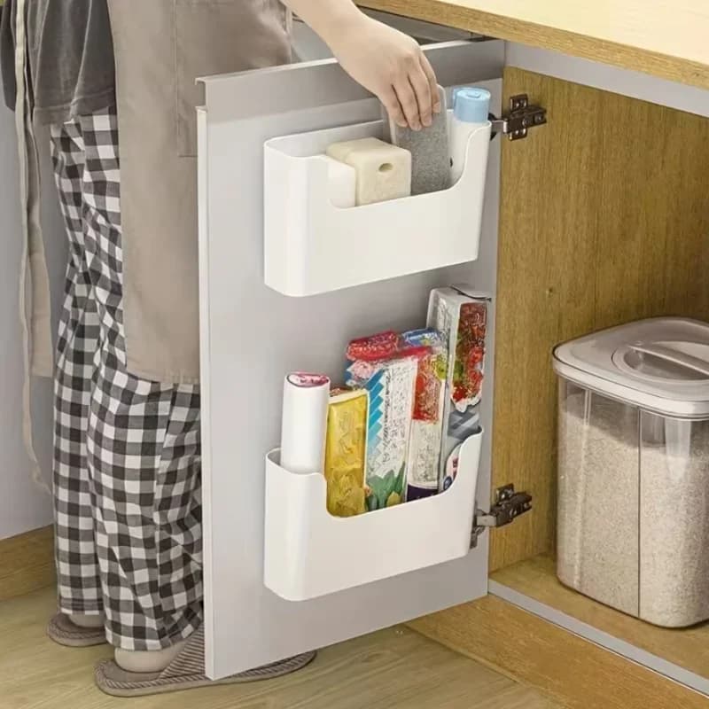 Nástěnný organizér do skříňky s dvířky, úložný box navržený pro háčky do skříně na potravinářskou fólii, úložné sáčky a koupelnové nezbytnosti