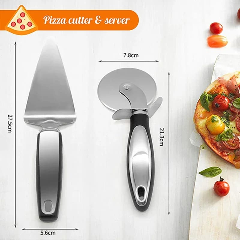 Prémiová nerezová kuchyňská krájecí kolečka na pizzu, podávací nástroj, domácí nůž na vafle, sušenky, dorty, chleba, těsto, kuchařské vychytávky