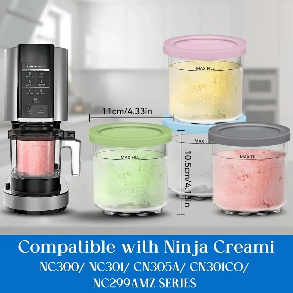 Nádobky a víčka Creami pro Ninja - sada 4 ks krémových nádob na zmrzlinu, kelímky, dózy, boxy, kompatibilní s nádobou na smoothie