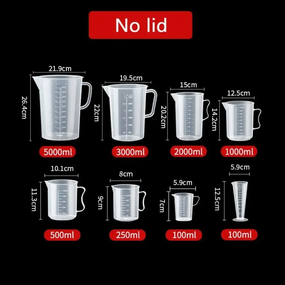 100-5000ml kuchyňská odměrka z potravinářského plastu bez víka, s víkem a stupnicí, PC, odolná vysokým teplotám, plastová odměrná nádoba do mléčných a čajových provozoven
