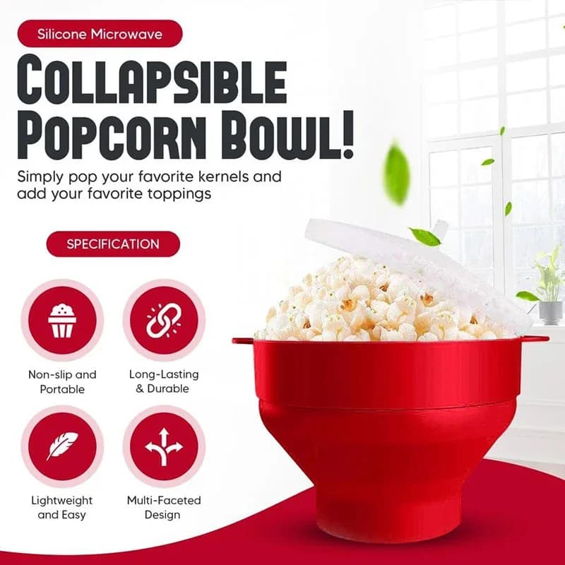 Silikonový popcornovač do mikrovlnky, BPA free, skládací miska na popcorn, vhodná do mikrovlnky, výrobník popcornu s víkem, vhodné do myčky