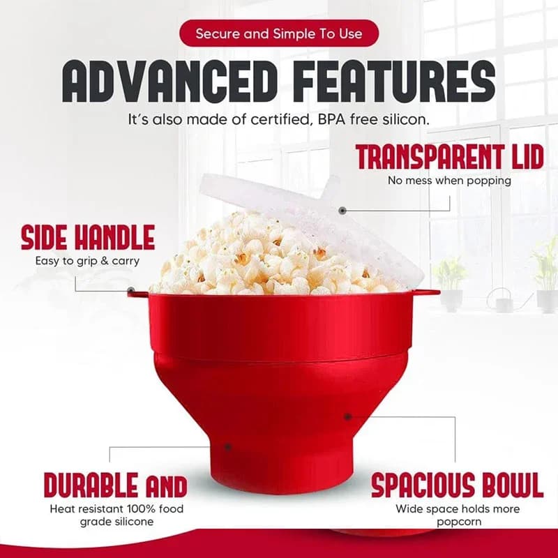 Silikonový popcornovač do mikrovlnky, BPA free, skládací miska na popcorn, vhodná do mikrovlnky, výrobník popcornu s víkem, vhodné do myčky