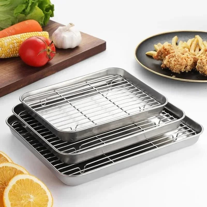Pečicí plech z nerezové oceli s roštem, plech na pečení dortů, BBQ plech, talíř, rošt do trouby na brownie, nástroj na vaření, pečení a grilování